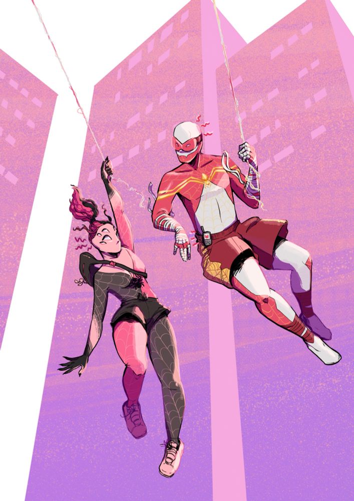 Two spidersonas, one pink and black, and the other red and white, swing together. There is a backdrop of pink and purple buildings. 