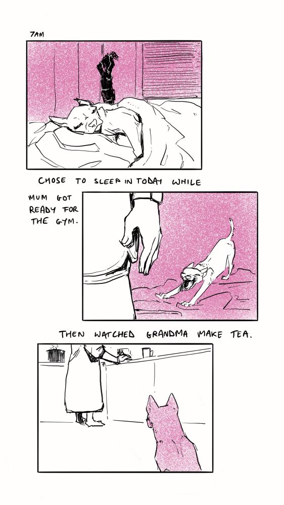 A three panel comic depicting a dog slowly waking up as people go about their morning around her. 