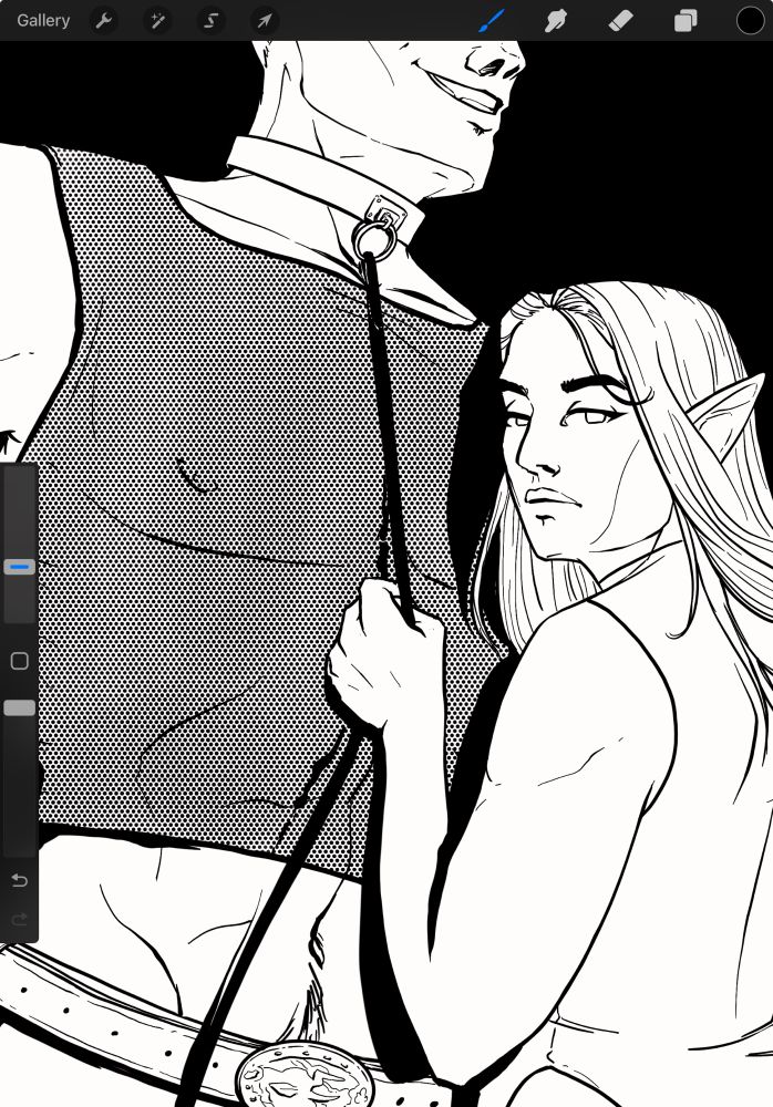 Screenshot of a black and white illustration of an elf and a taller figure whose face is off screen. The elf is holding a leash that’s attached to a collar around the taller figure’s neck. 