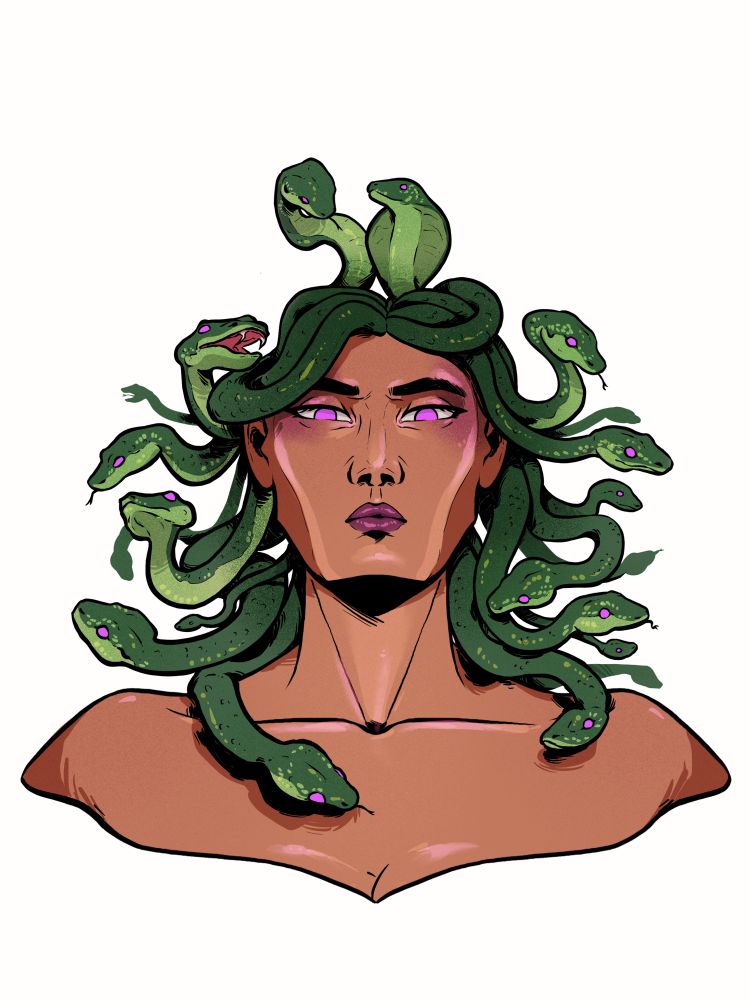 An illustration of Medusa looking down at the camera. She has purple eyes a head full of green snakes swirling around her. 
