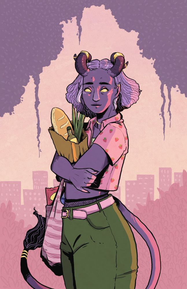 A purple demon holding a bag of groceries. She has short purple hair and is wearing a strawberry printed shirt and green pants. 
