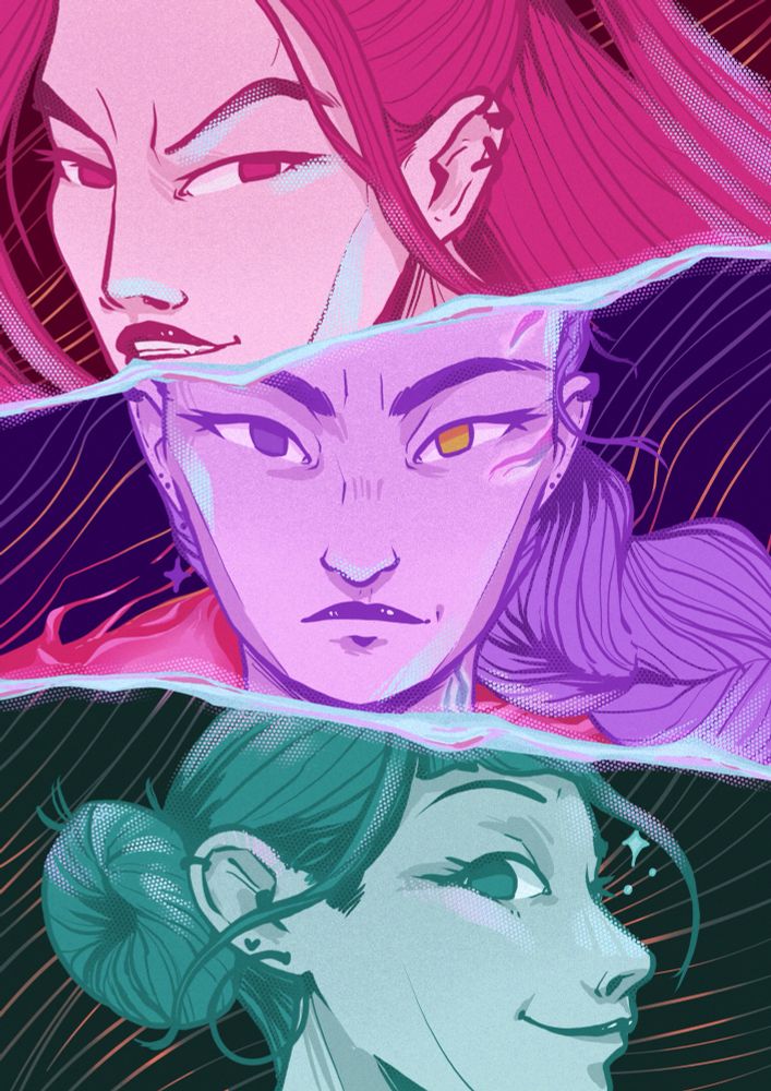 Fanart of Kpop Demon Hunters. Monochrome close ups of Mira, Rumi, and Zoey with abstract line work in the background. 
