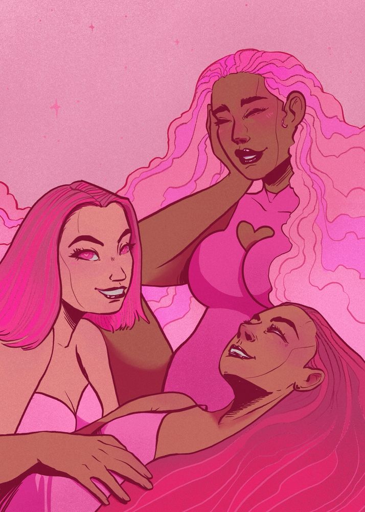A trio of women laughing together. They are all dressed in pink and have pink hair in different textures and length. 