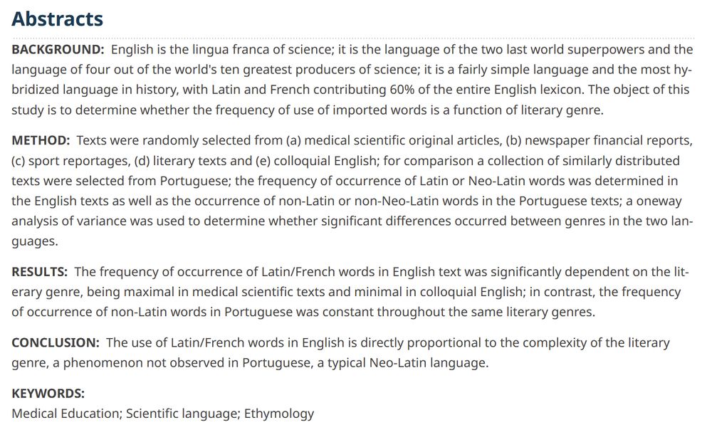 study claiming that scientific english has more latin-derived words than colloquial genres, but that you can't see that in portuguese (where the percentage of latin words is more-or-less the same throughout all genres)