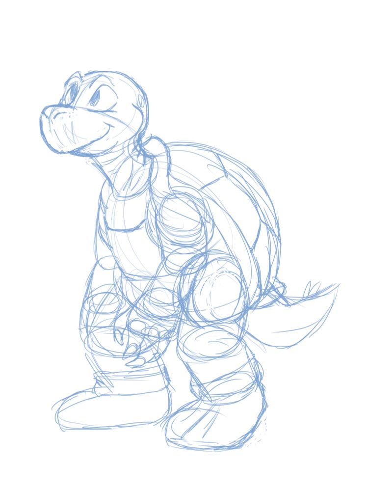 a messy sketch of a koopa, from super mario bros. it's smiling and looking up.