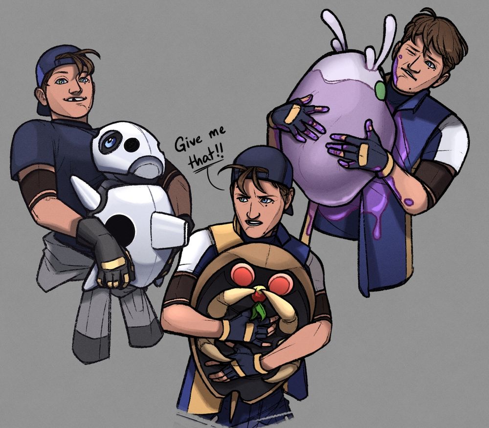 A sketch sheet of a character named Aloys. He's around 16 in these drawings, each showing him waist-up and holding one of his Pokemon. From left to right:

First, he's wearing a t-shirt, coveralls tied around the waist, welding gloves, and a backwards hat. He has a wide, bright smile, and his Aron held against his lower torso with its little legs reaching up his chest.

Second, he's in a white t-shirt, navy/gold sleeveless vest, fingerless gloves, and his backwards hat. Kabuto is held tightly to his chest, and he's looking off to the side at someone with a concerned-to-upset expression. Text reads: "Give me that!!" Kabuto is inspecting a berry and is unbothered.

Last, he's in the same outfit as the second, but without his hat. He's holding Goomy against his upper torso, but his head's leaning away from it. He looks endeared but grossed out, as Goomy is absolutely covering him in slime.