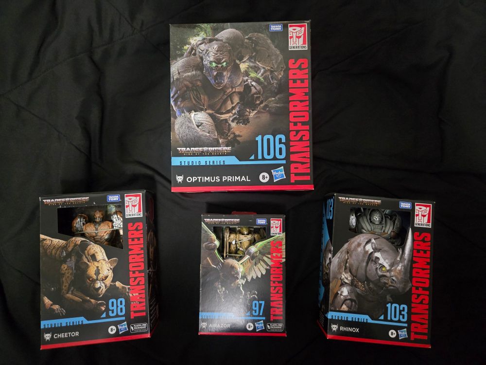 Transformers: Rise of the Beasts actions figures under the Studio Series line. Pictured here are the Maximals: Optimus Primal, Airazor, Cheetor and Rhinox. The only one missing is Apelinq.