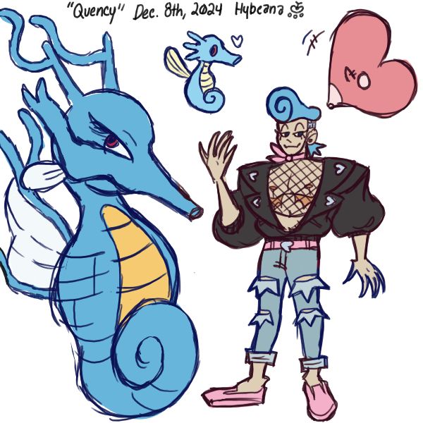 A digital drawing of my character Quency and his pokemon team - kingdra, horsea, and luvdisc. Quency is a shorter man with a blue pompadour and undercut. He is wearing a pink necktie, a black jacket with heart-shaped metallic buttons, a mesh shirt that cuts off at the midriff, a pink belt with a heart-shaped belt buckle, acid wash ripped jeans, and pink flats. The drawing is titled "Quency," dated for December 8th, 2024, and signed by Hybeana.