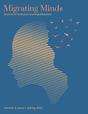 Spring 2023 issue cover with blue background and pixellated pink head and flying birds