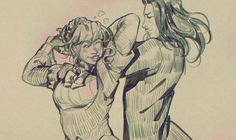 A drawing of Beatrice and Ronove from Umineko No Naku Koro Ni. Beatrice grins at Ronove behind her, who holds her hands mid-twirl. He has a fond smile on his face. The colors are tones of sepia.