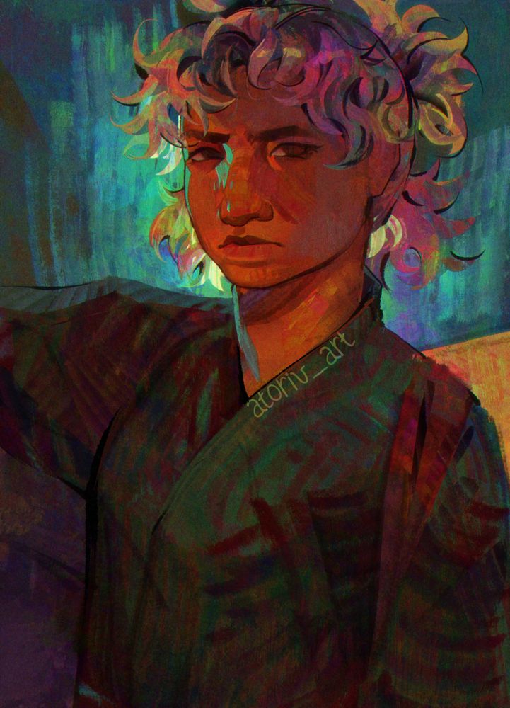 A portrait of Temari. She has a grumpy look on her face, and leans back on her fan. The colors are teal, purple and orange, with her hair looking almost iridescent.