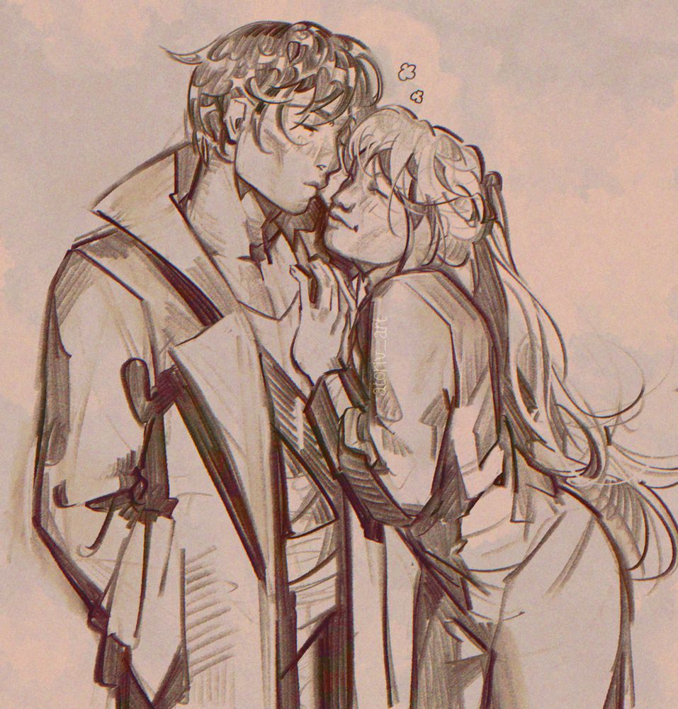 A drawing of Lion Ushiromiya and Willard H. Wright from Umineko No Naku Koro Ni. Will looks down at Lion with muted fondness, who smiles mischievously up at him with their hands on his chest. The colors are tones of sepia.