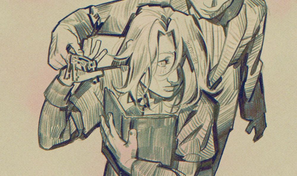 A drawing of Sayo Yasuda and Genji Ronoue from Umineko No Naku Koro Ni. Sayo reaches her hand over her shoulder to receive keys from Genji, behind her. His face is partly off-screen, but his expression appears neutral. She holds a notebook close to her chest, and looks in his direction with hesitancy. The colors are tones of sepia.