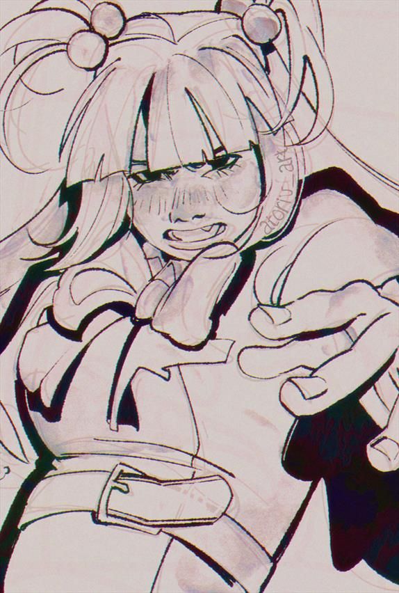 A drawing of Ange Ushiromiya from Umineko No Naku Koro Ni. With angry determination she reaches towards the viewer with her left hand. The colors are tones of sepia.