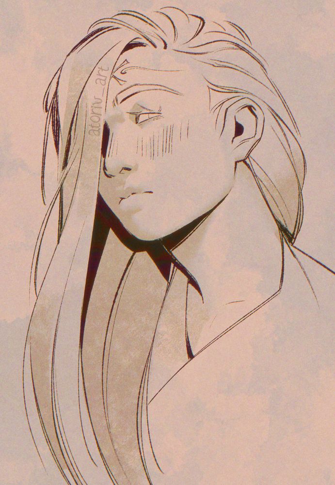 A drawing of Neji Hyuga from Naruto. In his older years, he looks towards something far away. His hair is down and swept to his right, and his forehead is uncovered, revealing the curse mark. The colors are tones of sepia.
