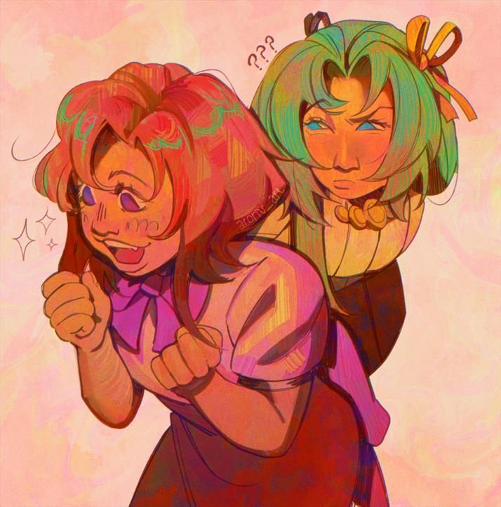 A drawing of Shion Sonozaki and Rena Ryuugu from Higurashi No Naku Koro Ni. Rena is excited about something offscreen, oblivious to Shion leaning around her with a puzzled look on her face. The colors are tones of orange, purple and green.