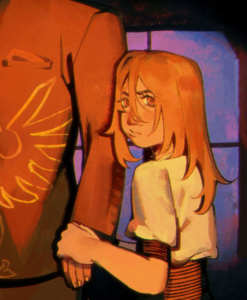 A drawing of Sayo Yasuda and Genji Ronoue from Umineko No Naku Koro Ni. Genji's face is out of frame and Sayo, in her childhood years, looks at the viewer with a pout as she grabs his hand anxiously. The colors are tones of orange and blue.