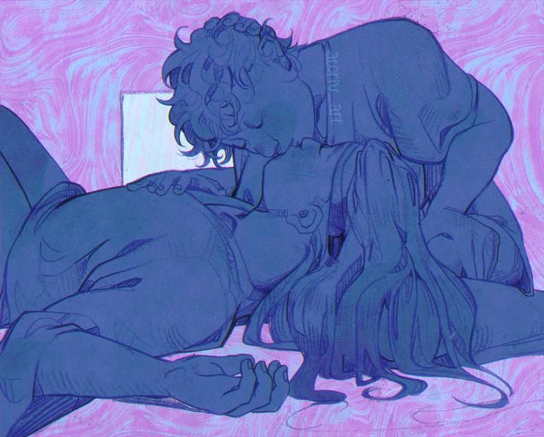 A digital pencil drawing of Neji Hyuga and Gaara from Naruto. Neji is lying down with his head on Gaara's lap, who leans down to meet him in a kiss. The colors are tones of purple and blue.