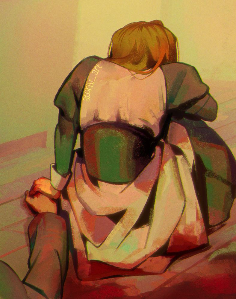 A drawing of Sayo Yasuda and Genji Ronoue from Umineko No Naku Koro Ni. Genji lies dead on a pool of blood, only his arm being visible, and Sayo holds his bloodied hand as she sits curled up on the floor, back to the viewer. The colors are tones of yellow, green and red.