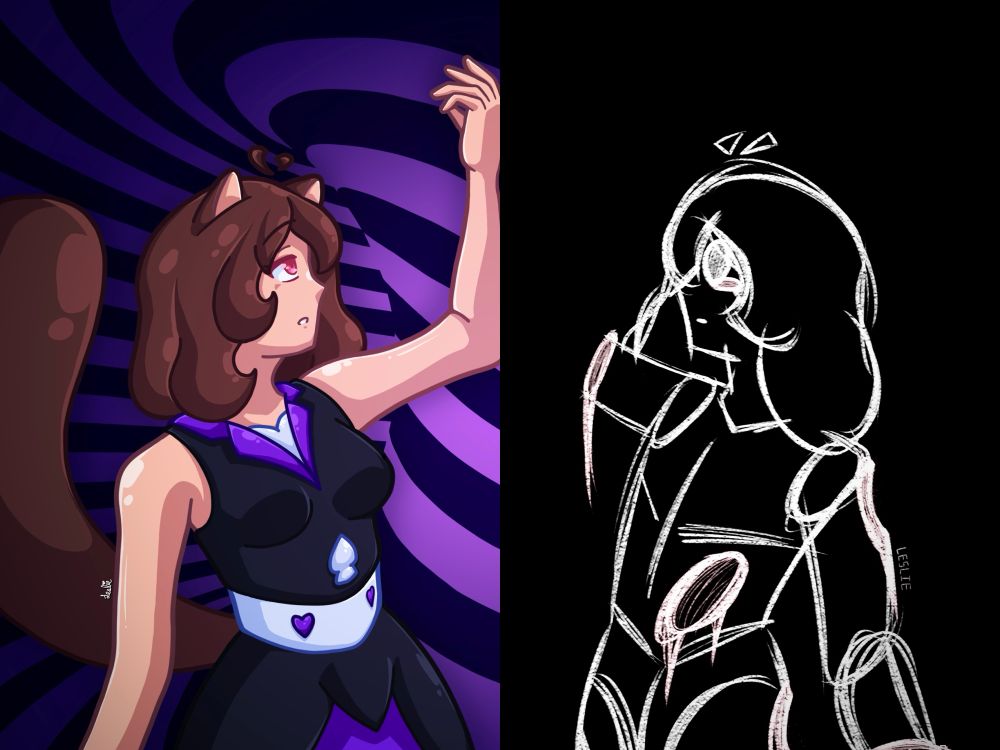 A drawing of two of the artist’s OC’s. On the left, Leslie Jones stares longingly into nowhere, their hand resting gracefully against the confines of the piece. A swirly backdrop ties the piece together. On the right, The November Jack O’ Lantern mimics Leslie’s posing, though they’ll never get it right. They’re set against a pure black backdrop.
