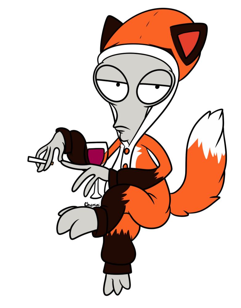 Roger Smith from American Dad wearing a fox kigurimi with Techy's markings while smoking and drinking wine.
