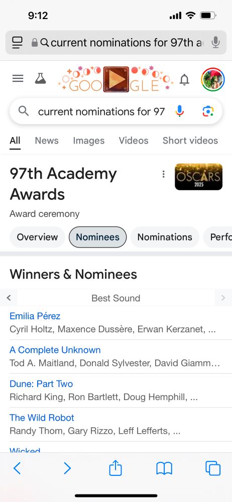 Screenshot of Google search for Academy award nominees