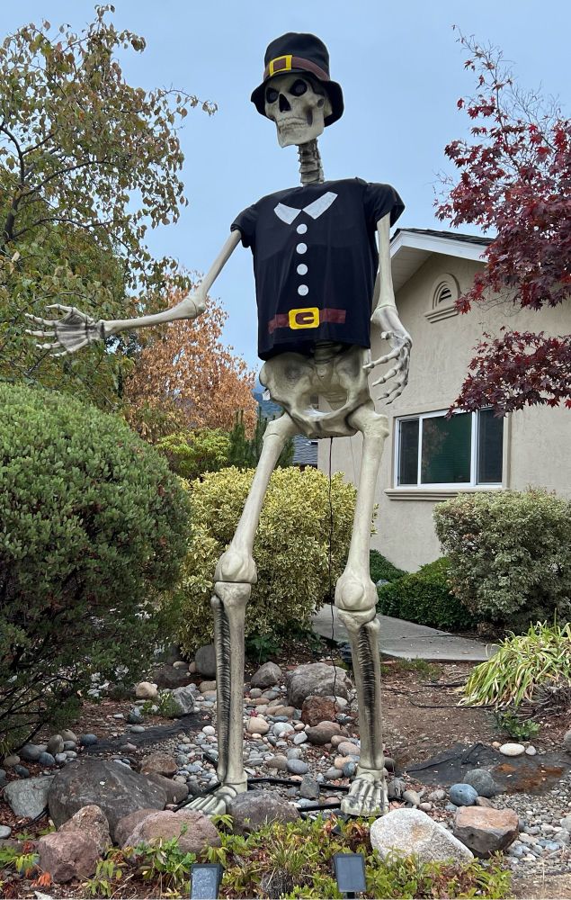 A 12 foot tall skeleton dressed up for Thanksgiving 