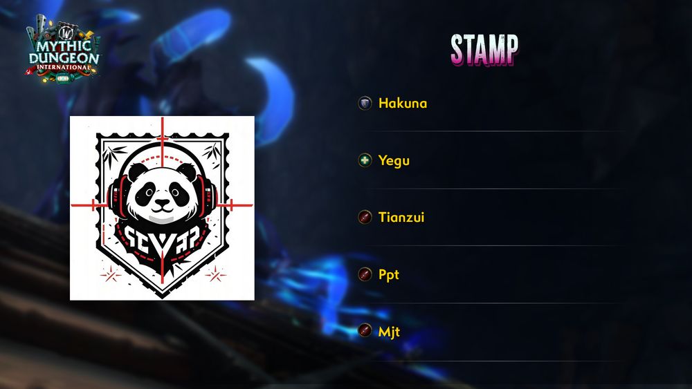 "An image showcasing the team name, logo, and roster for Stamp.

The team's logo, a festive stamp featuring a panda wearing a gaming headset, is prominently featured on the left of the image. To the right of the logo, the team's name is proclaimed in bold lettering. Beneath the team name is the roster, a list of five players that includes their role icon, player alias, and social media handles as follows:
• Tank: Hakuna
• Healer: Yegu
• DPS: Tianzui
• DPS: Ppt
• DPS: Mjt "