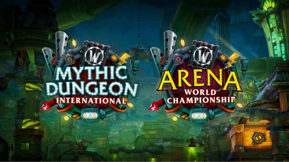 An image featuring the Mythic Dungeon International and Arena World Championship logos for Season 2 of The War Within, superimposed over a view of Undermine. The goblin-themed logos feature text with marquee lights over a haphazard mechanical design made of gray metal, yellow lights, and large exhaust pipes. The hazy background shows several rickety buildings, with the Incontinental Hotel to the right.