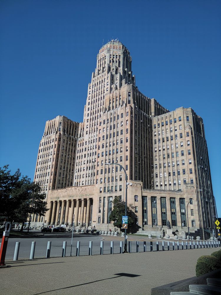 Front of Buffalo's art deco City Hall against a clear blue sky