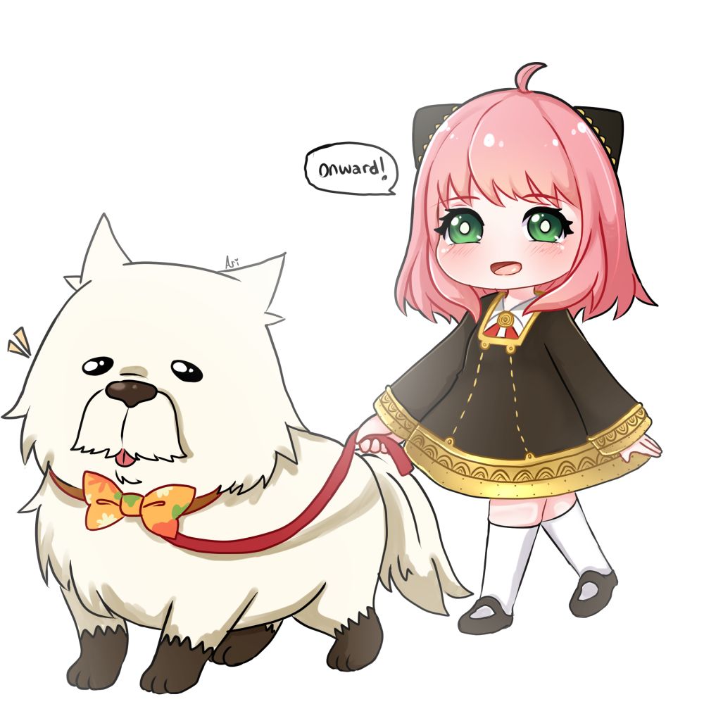 Chibi styled drawing of Anya forger saying "onward!", walking a chibi Bond doggy. 