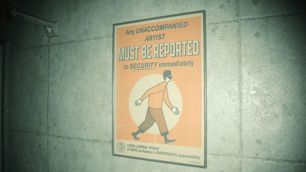 Poster with text that says any unaccompanied artist must be reported to security immediately