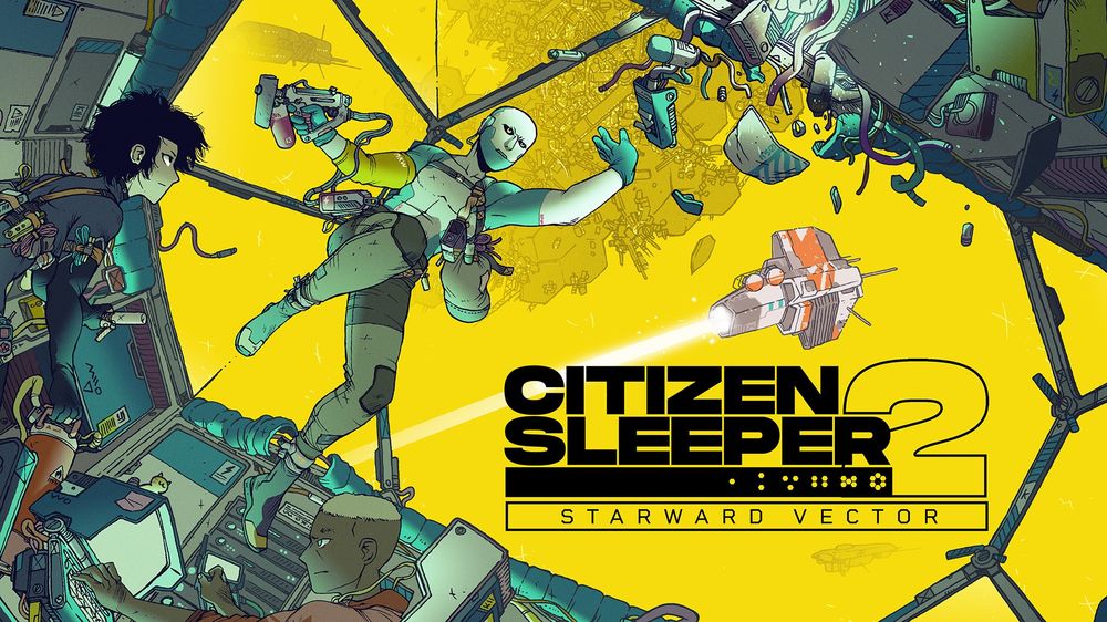 Promotional art from citizen sleeper 2. An android and their crwmate floating in anti gravity in front of a spaceship window.