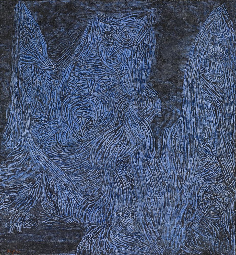 Paul Klee, Walpurgis Night 1935. Traditionally the night that the witches gathered in the mountains when winter turns to spring. Blue scratches against a dark background, are these mountains? Owl-like eyes and faces peek out, as if they're the Witches themselves, formless and hazy in the night.