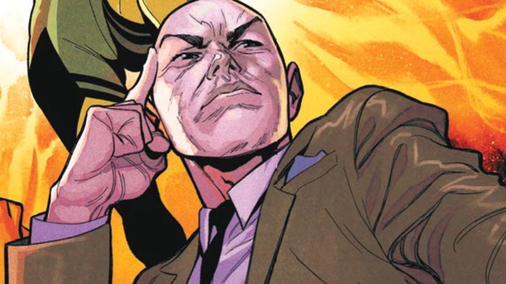 X-Men founder Charles 'Professor X' Xavier holding his hand to his head, doing the 'reading your mind' intense look.