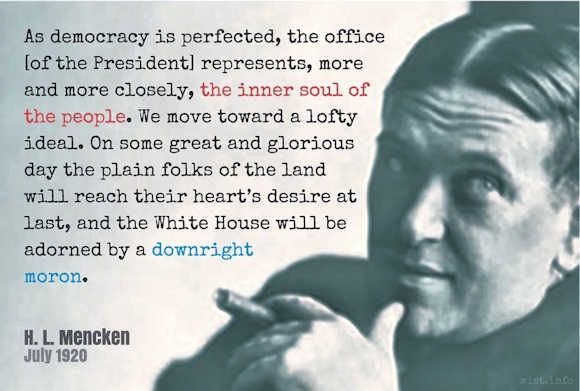 As democracy is perfected, the office [of the president] represents, more and more closely, the inner soul of the people. We move toward a lofty ideal. On some great and glorious day, the plain folks of the land will reach their heart’s desire at last, and the White House will be adorned by a downright moron. H. L. Mencken July 1920