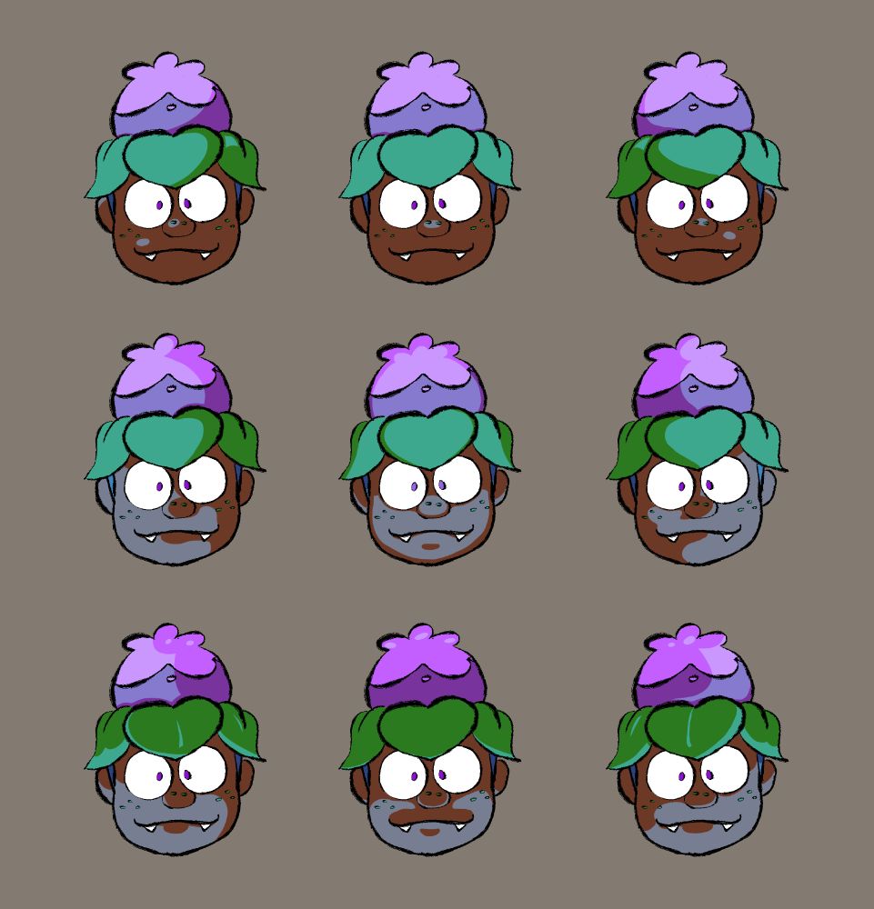 My sona, a black individual with a lotus sprouting from their head. Nine of their head is cloned onto the page with light shining on them from different angles. Each angle of the light corresponds to the position of the head on the page; the middle head has light shining directly head on, to the left or right, the light shines from the corresponding side, and so on.
