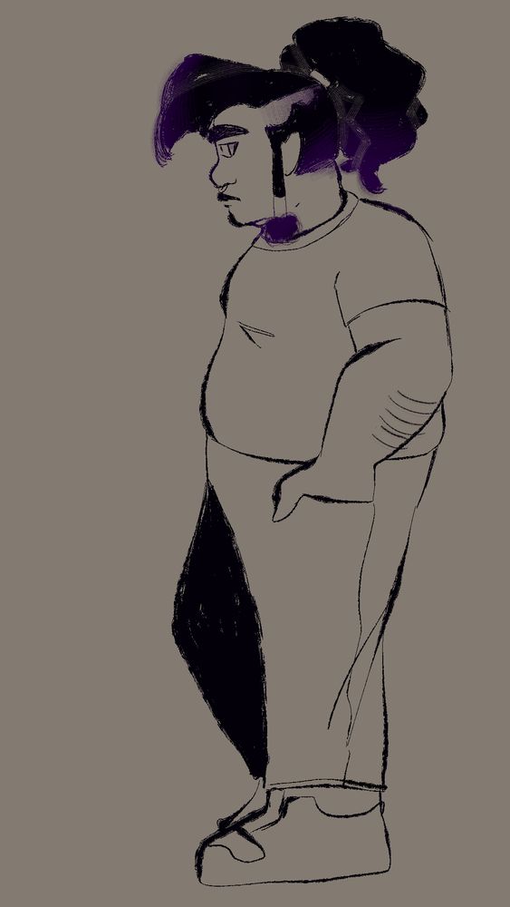 My oc, Dice, drawn in lineart only. They are turned away, standing at rest with their hands in their pockets, one leg propped up, eyeing the viewer while not fully facing them. Their textured hair has some purple highlights and the ends, and within the shaved section.