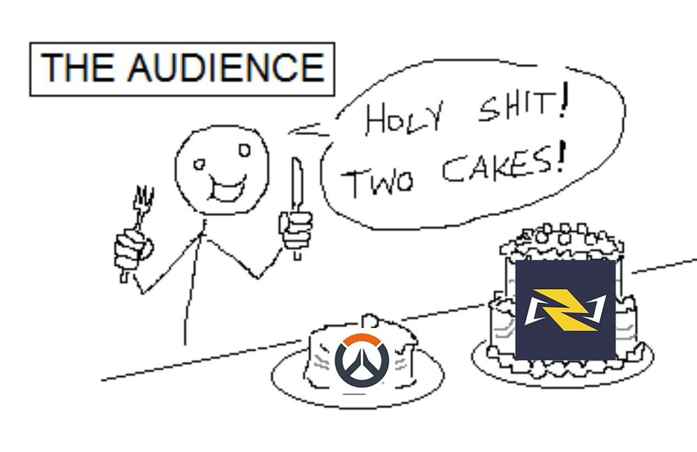 holy shit! two cakes! meme with marvel rivals and overwatch as the cakes