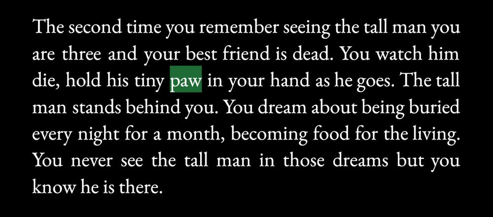The second time you remember seeing the tall man you are three and your best friend is dead. You watch him die, hold his tiny paw in your hand as he goes. The tall man stands behind you. You dream about being buried every night for a month, becoming food for the living. You never see the tall man in those dreams but you know he is there.