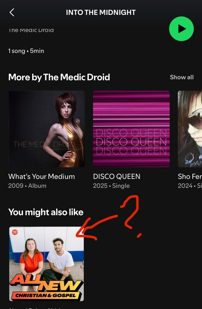 Screenshot of Spotify recommending "all new Christian Gospel" under the Medic Droid's artist page