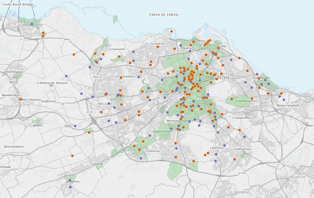 Map of Edinburgh showing planning applications received and determined as pinpoints. The same data is available in text (PDF) format at www.edinburgh.gov.uk/planningweeklylists