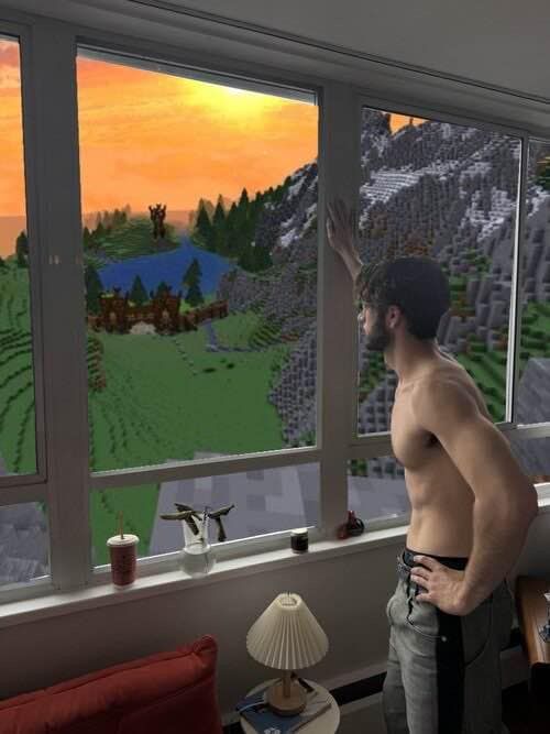 bbno$ with his shirt off looking out the window overlooking a minecraft biome 