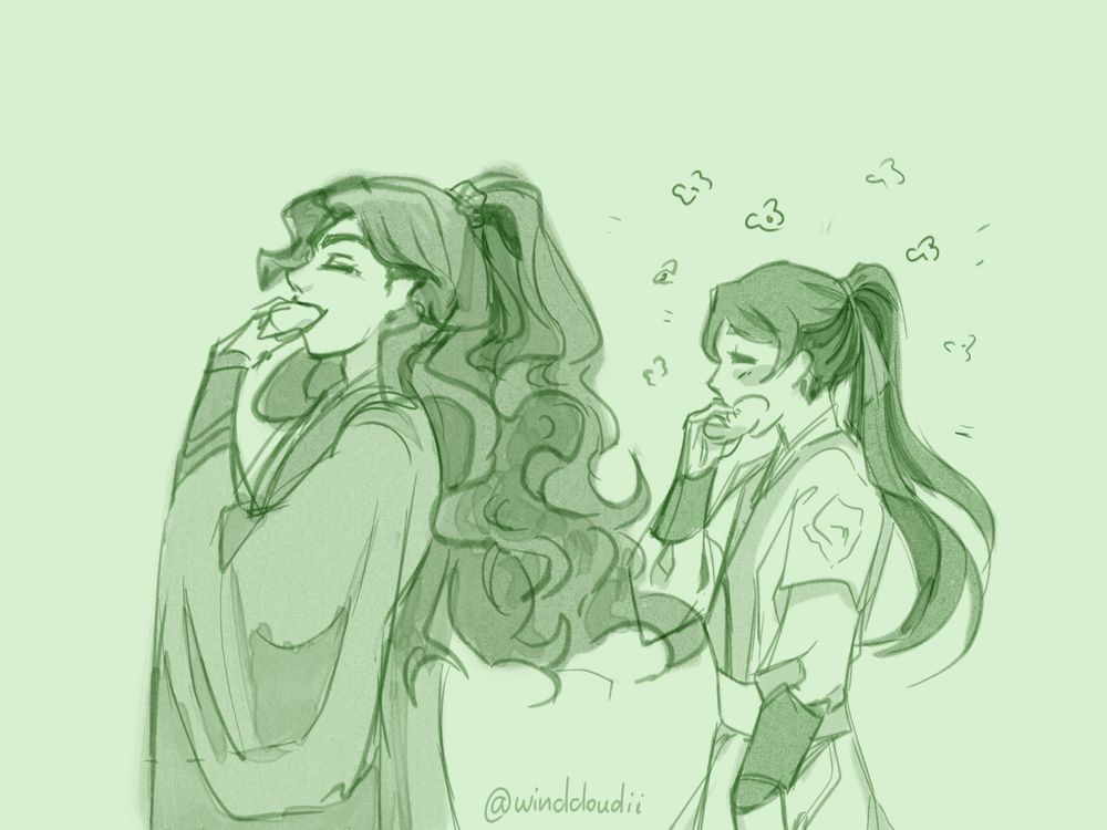 Luo Binghe and Shen Yuan are enjoying buns that Luo Binghe made. Luo Binghe is leading the way, and Shen Yuan is trailing behind him.