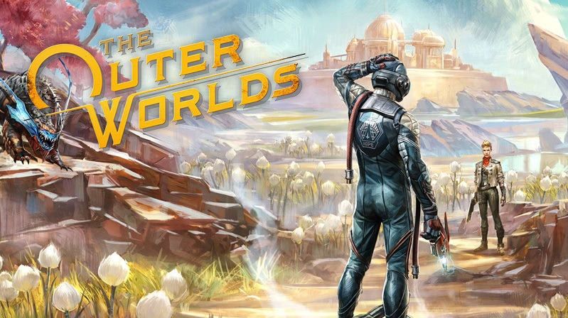 A man stands in a space suit against a lush back drop with the text the outer worlds