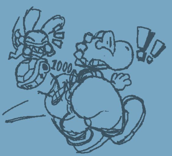 an unfinished image of Yoshi having a shell kicked at him by Nabbit, it bouncin off Yoshi's butt and surprising him, nabbit chuckling offscreen