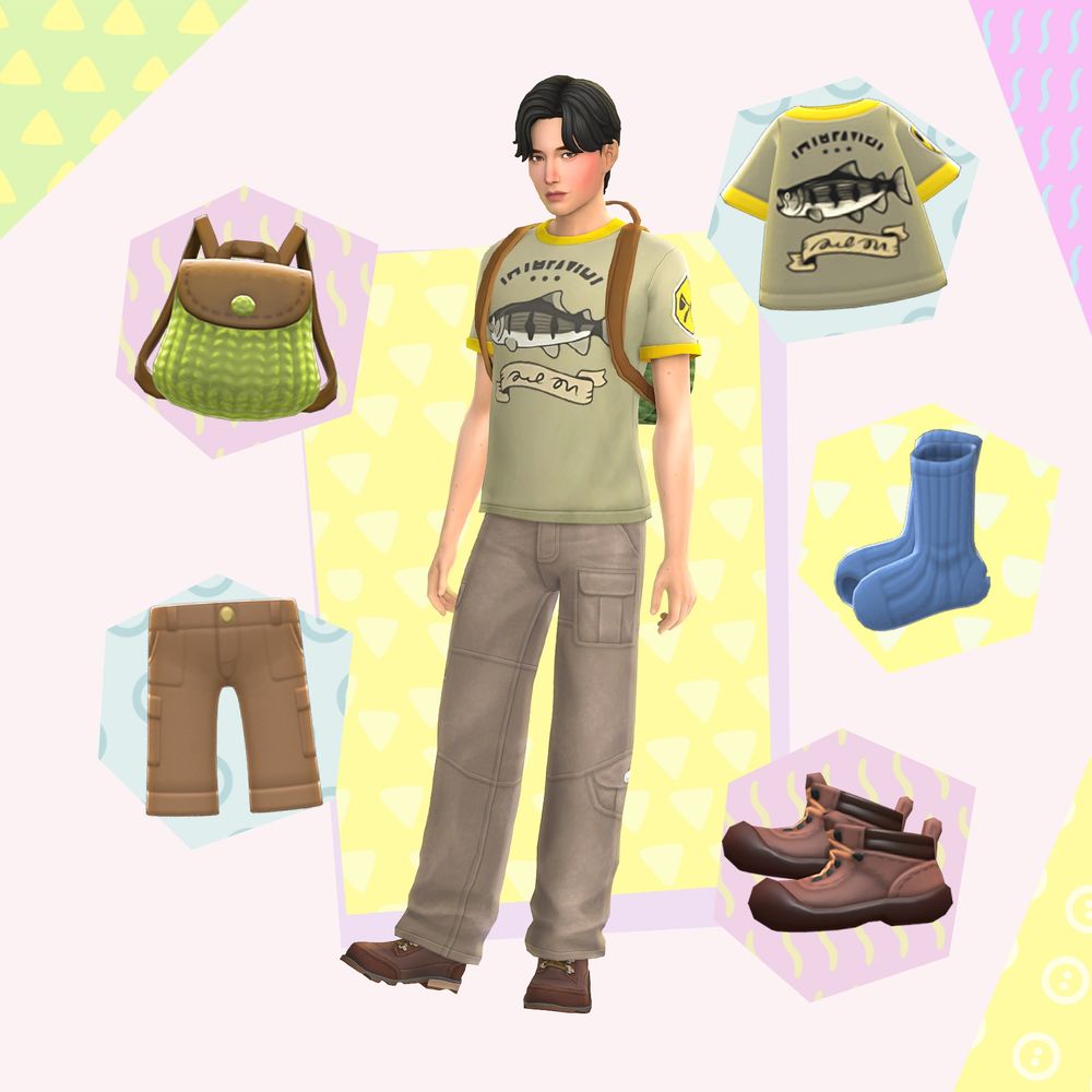 Photo of a Sim posed and styled in Animal Crossing inspired attire. 