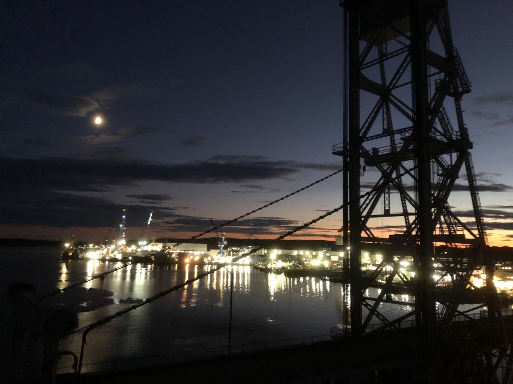 Maine's Bath Iron Works at nightfall.
