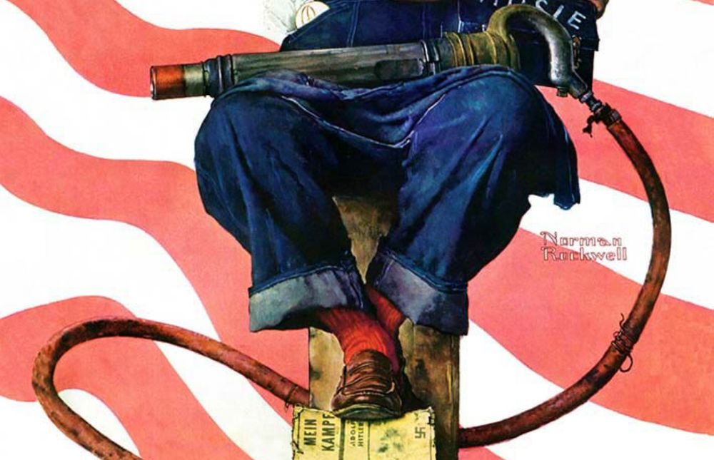 Original Rosie shows her squashing a copy of Mein Kampf with her boot!