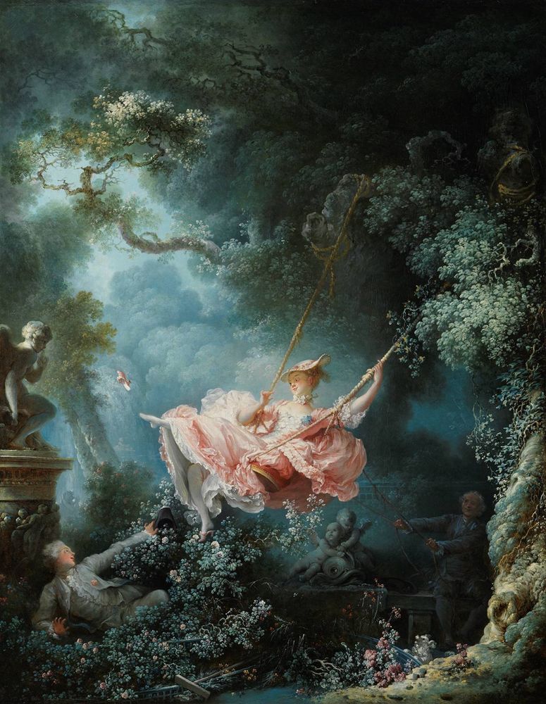Fragonard’s iconic painting “The Swing” is one of the most emblematic images of 18th-century French art. A young woman wearing a lovely pink silk frock is tantalisingly positioned mid-air on a swing between her elderly husband on the right and her young lover on the left. The force of the swing causes one of her slippers to fly off, resulting in a privileged view for her lover whose delight is suggested by the symbolic offer of his hat.